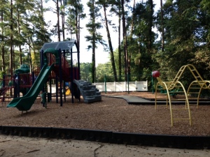 View of bigger slide structure, monkey bars, and swings